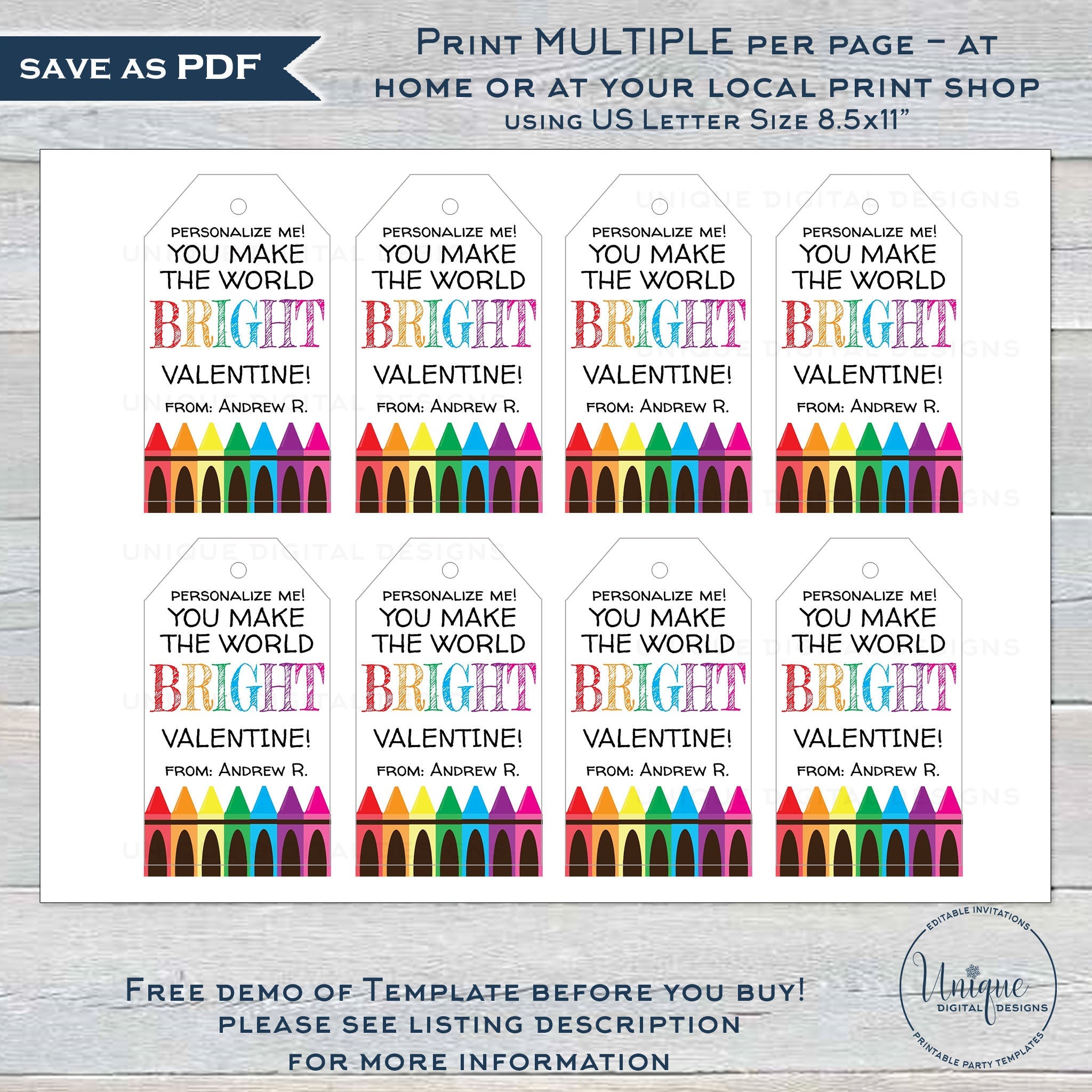 Editable valentines crayon gift tags color your heart out non candy