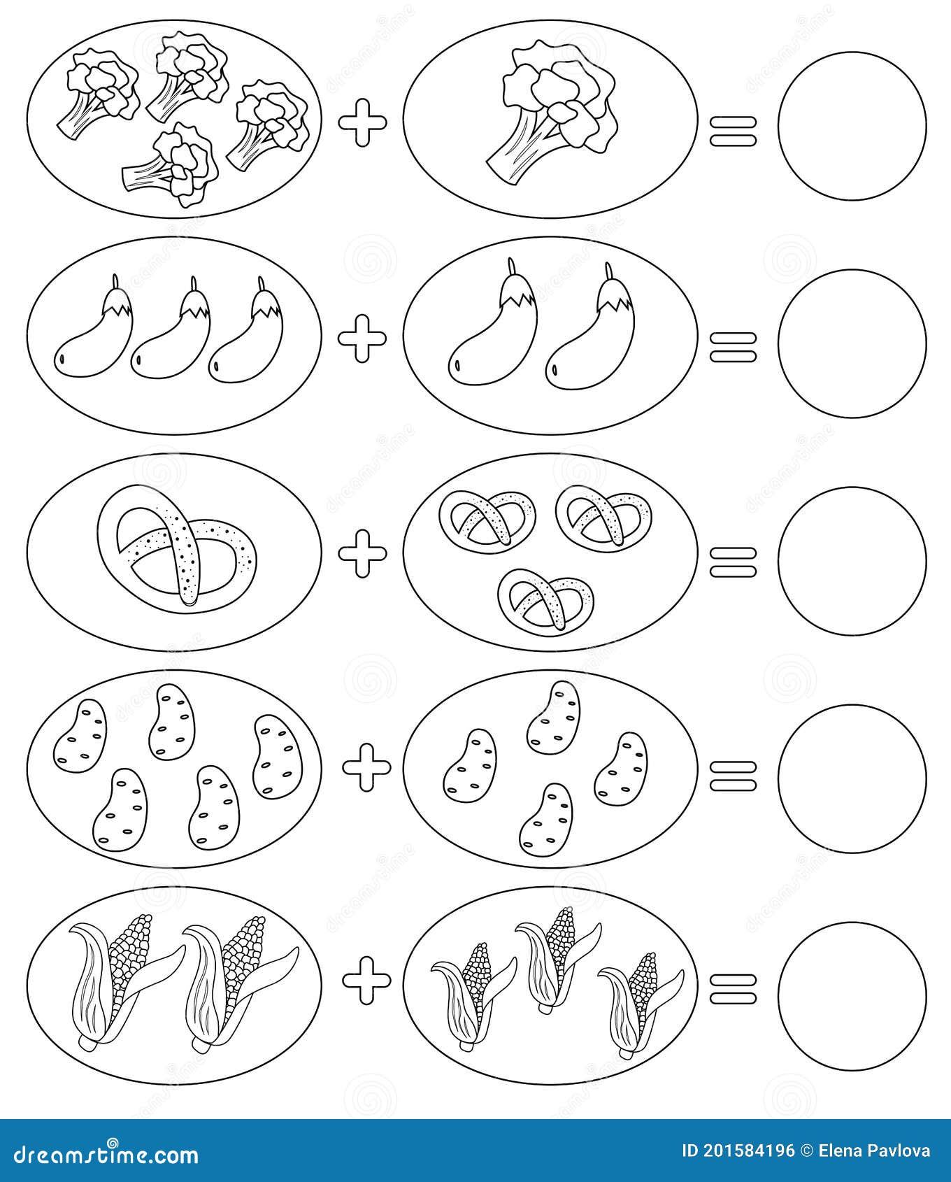 Educational game for kids coloring page solve math examples for addition fold food stock vector