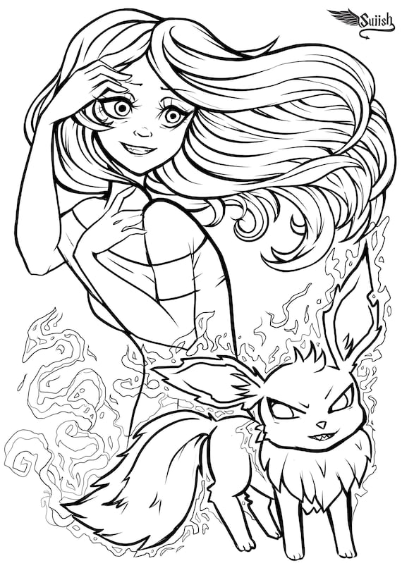 Pokemon eeveelution ocs ghost and fairy with trainers a adult anime colouring page instant download