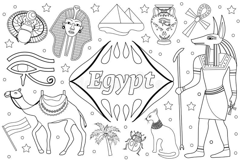 Ancient magic egypt set objects objects coloring book page for kids stock vector