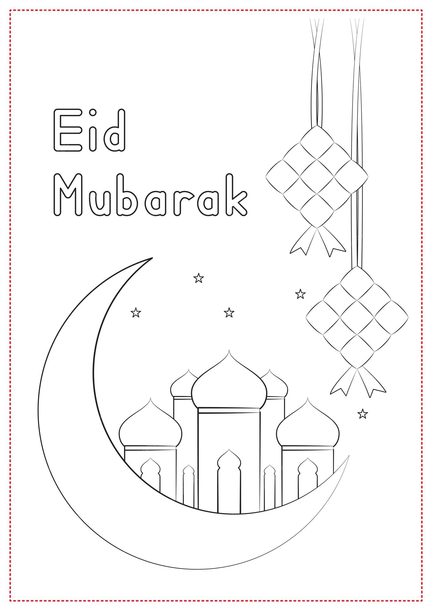 Premium vector children learning printable coloring islamic mosque and ketupat for ramadan festival