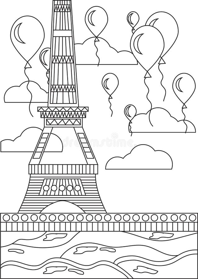 Black and white coloring page eiffel tower stock vector