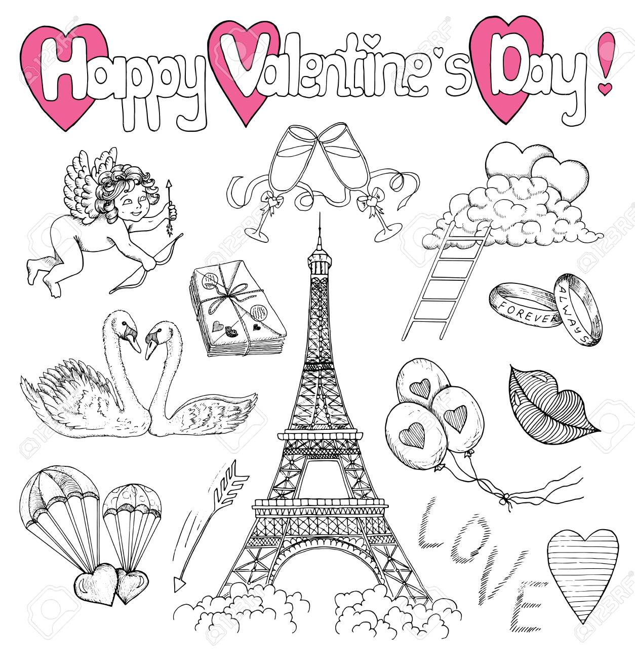Valentines day doodle set with love icons the eiffel tower angel or cupid and symbols line art holiday illustration with hand drawn design elements and banner with text royalty free svg cliparts