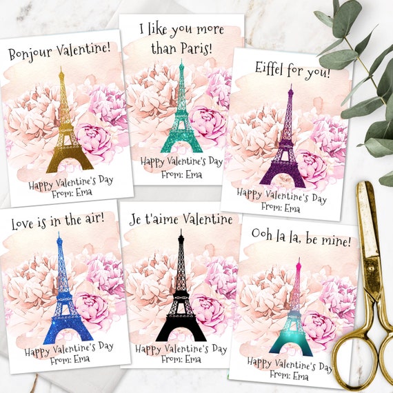 Paris valentines day card template eiffel tower valentines cards for kids classroom editable valentine template diy personalized valentine instant download