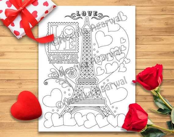 Eiffel tower adult coloring page valentines day coloring page printable coloring page digital download