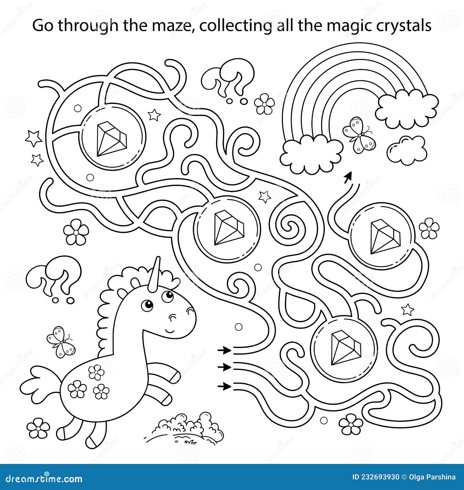 Maze or labyrinth game puzzle coloring page outline of cartoon lovely magic unicorn fairy tale hero stock vector