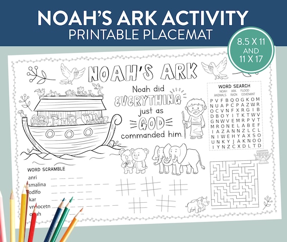 Noahs ark bible stories activity placemat kids table coloring pages crafts verse quotes sunday school activity scripture printable games