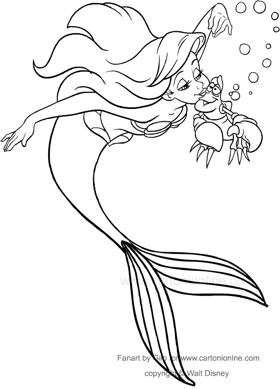 Drawing ariel besando al cangrejo sebastiãn the little mermaid coloring page