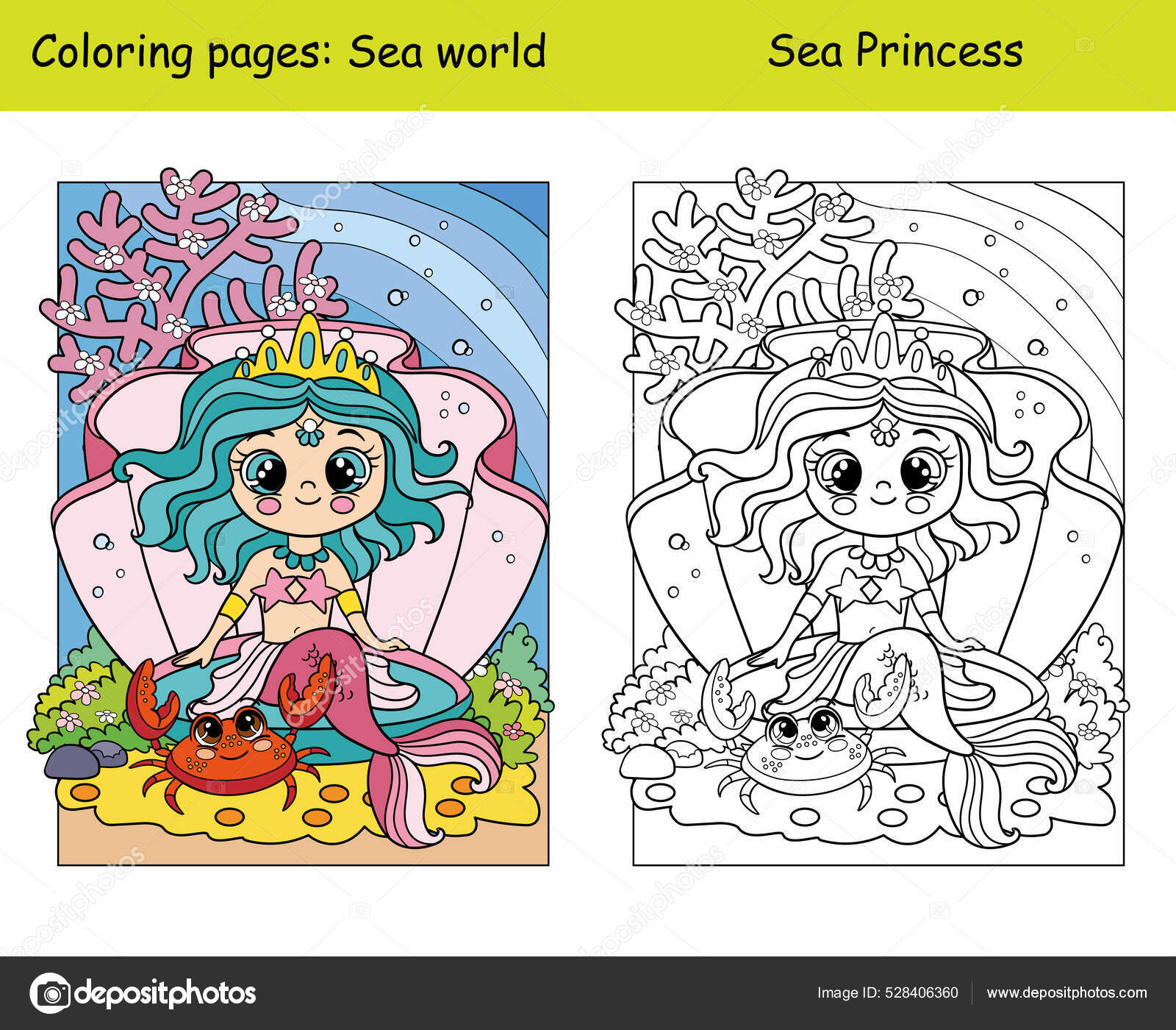 Colorear y colorear linda sirena en una concha de mar y cangrejo vector de stock por alinart