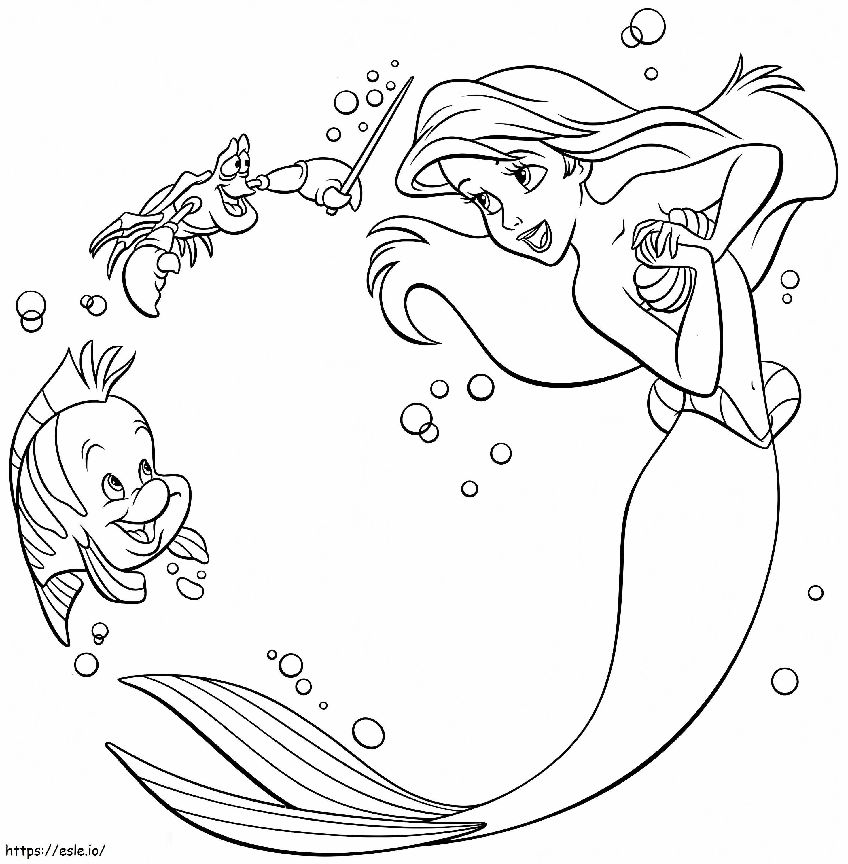 Ariel con pescado y cangrejo para colorear