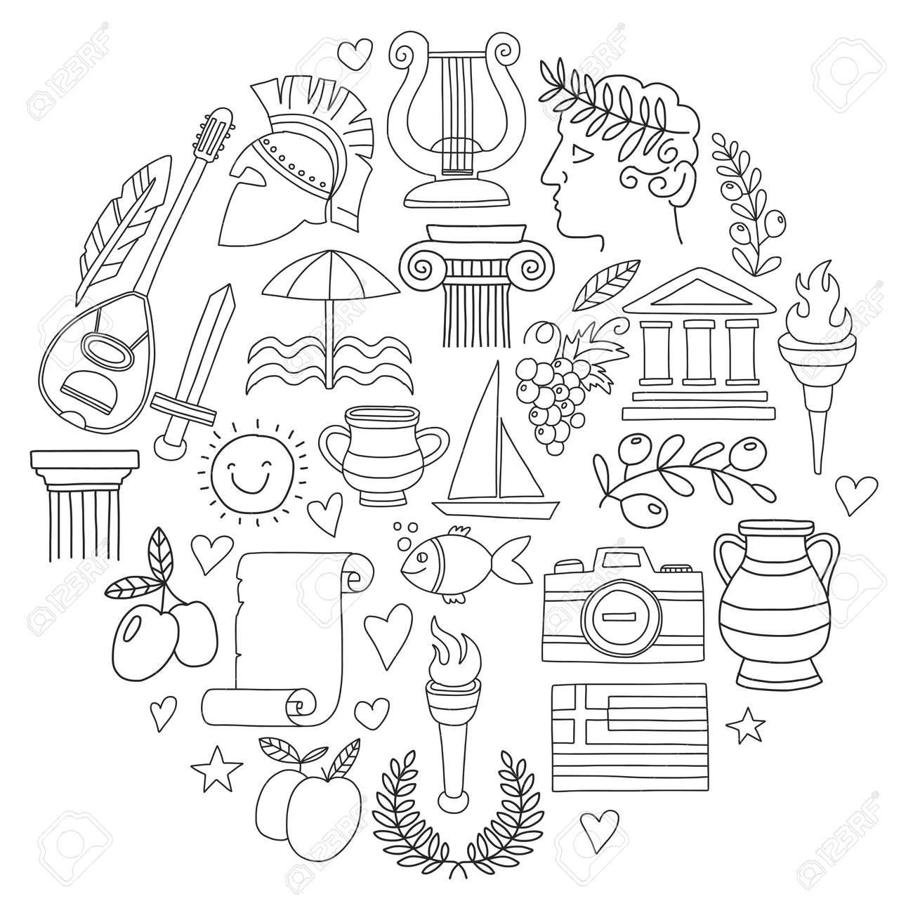 Ancient greece vector elements in doodle style for coloring pages travel history music food wine royalty free svg cliparts vectors and stock illustration image