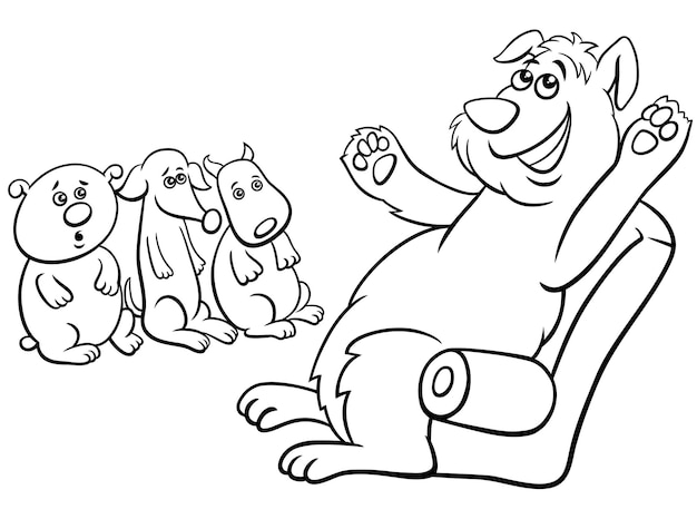 Perro de dibujos animados contando una historia a cachorros para colorear pintar e imprimir vector premium