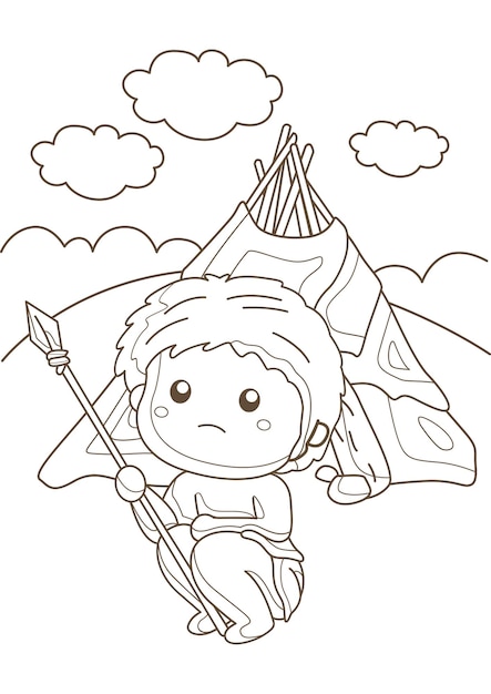 Premium vector ancient people prehistoric era human life history cartoon coloring pages activity for kids and adult