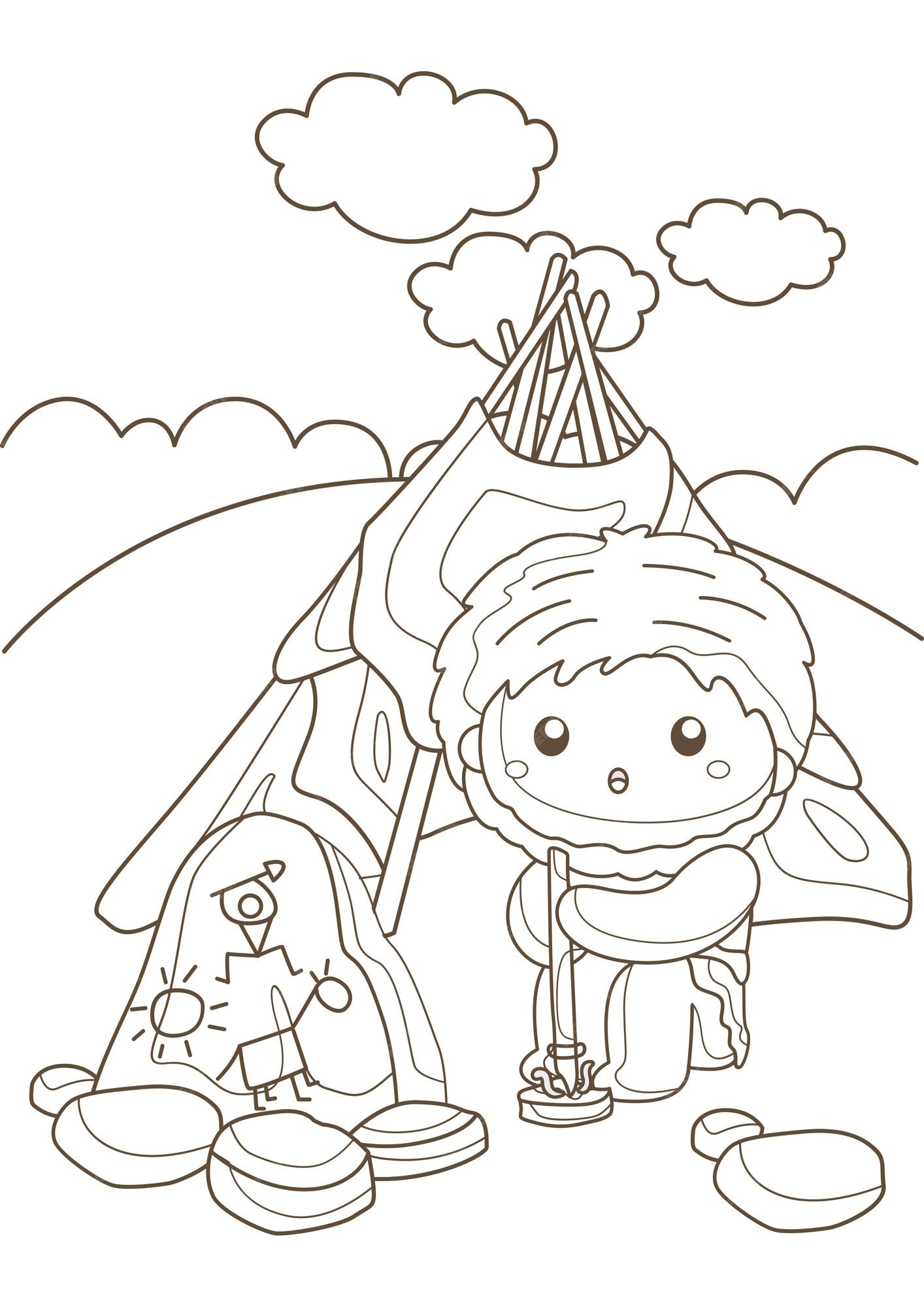 Premium vector ancient people prehistoric era human life history cartoon coloring pages activity for kids and adult