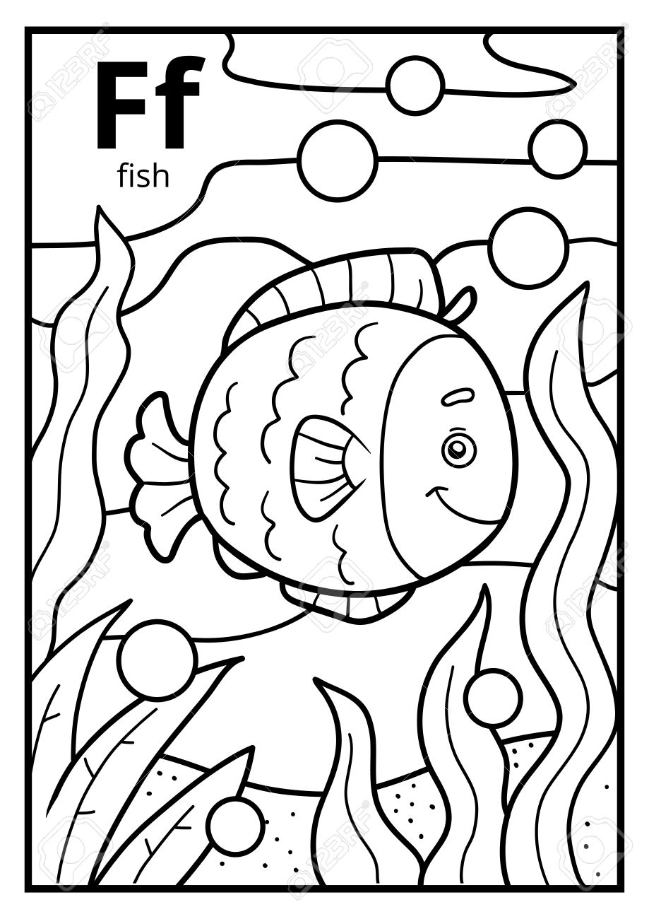 Coloring book for children colorless alphabet with letter f fish royalty free svg cliparts vectors and stock illustration image