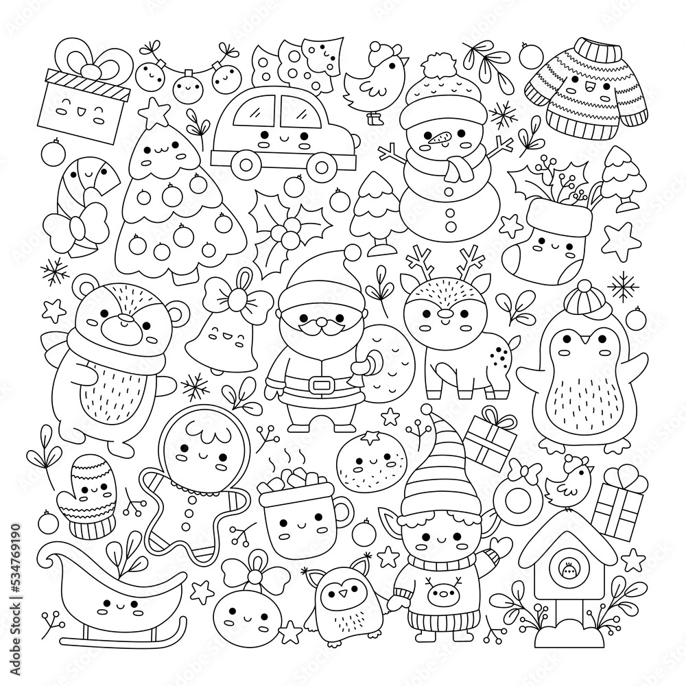Vector christmas square line coloring page for kids with cute kawaii characters black and white winter or new year holiday illustration with funny santa claus deer elf bear tree vector de