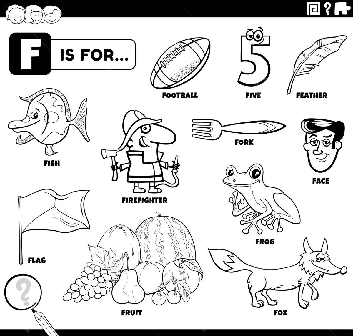 Page for coloring book featuring educational set of words beginning with the letter f vector cat drawing book drawing ring drawing png and vector with transparent background for free download
