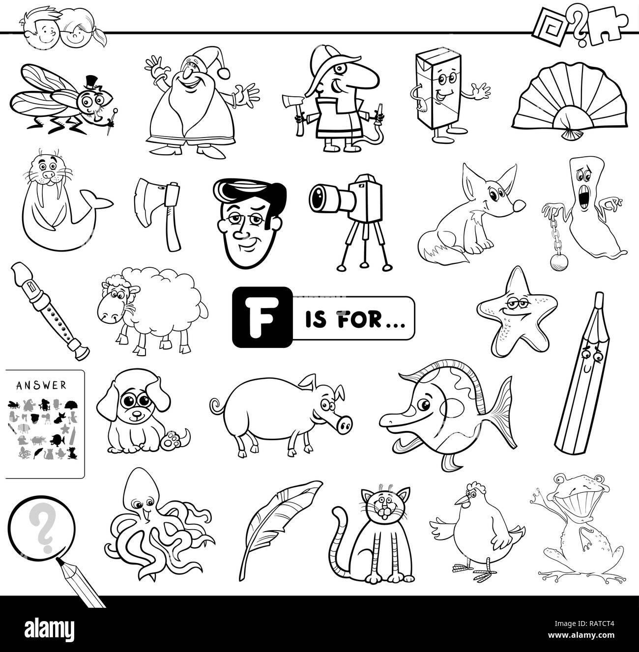 Black and white cartoon illustration of finding picture starting with letter f educational game workbook for children coloring book stock vector image art