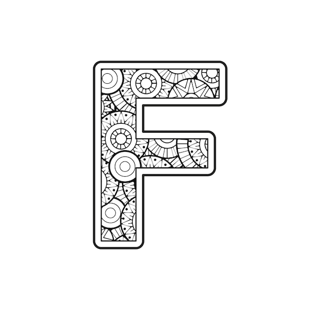 Premium vector vector coloring page for adults contour black and white capital english letter f on a mandala backgr