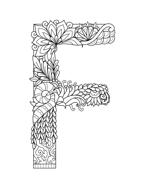 Premium vector mandala letter f monogram adult coloring book engraving design