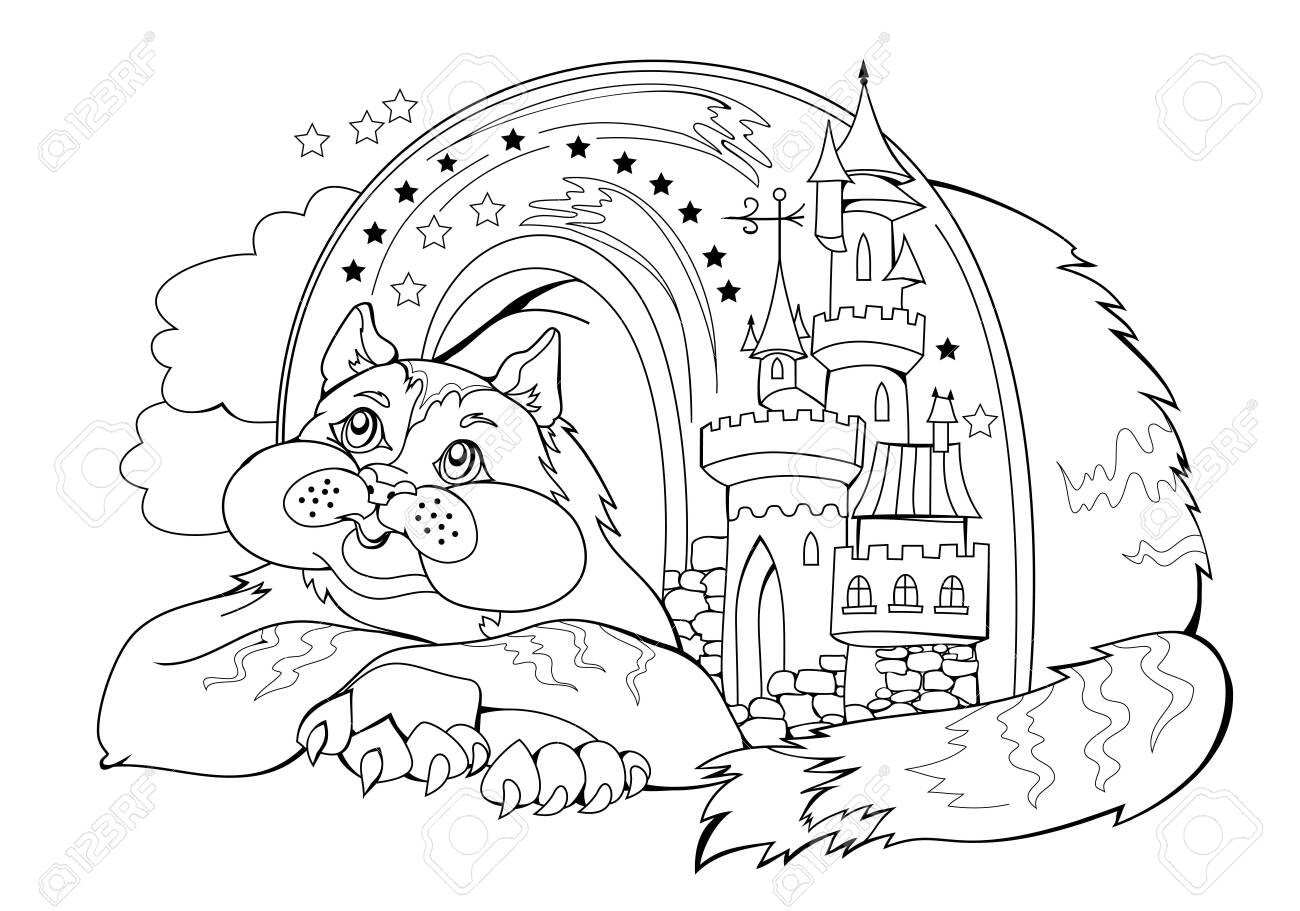 Black and white page for baby coloring book illustration of cute dreamy fairyland cat printable template for kids worksheet pattern for children and adults hand