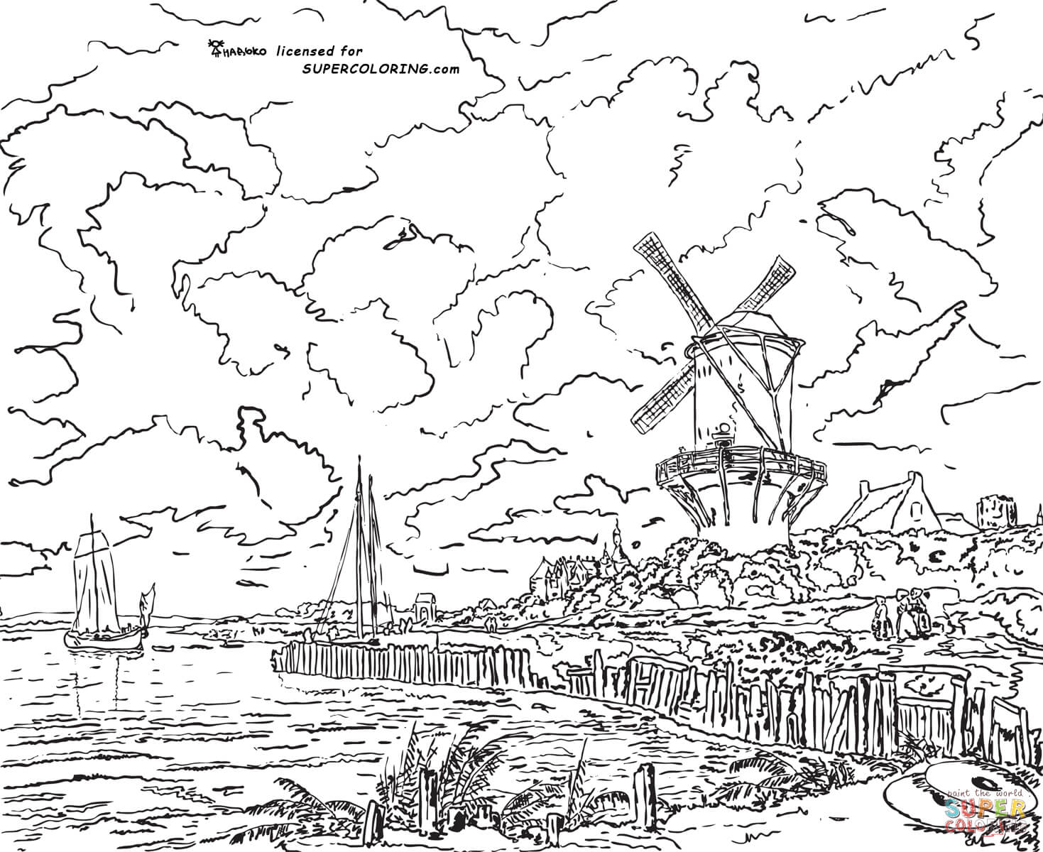 Mill at wijk near duurstede by jacob van ruisdael coloring page free printable coloring pages