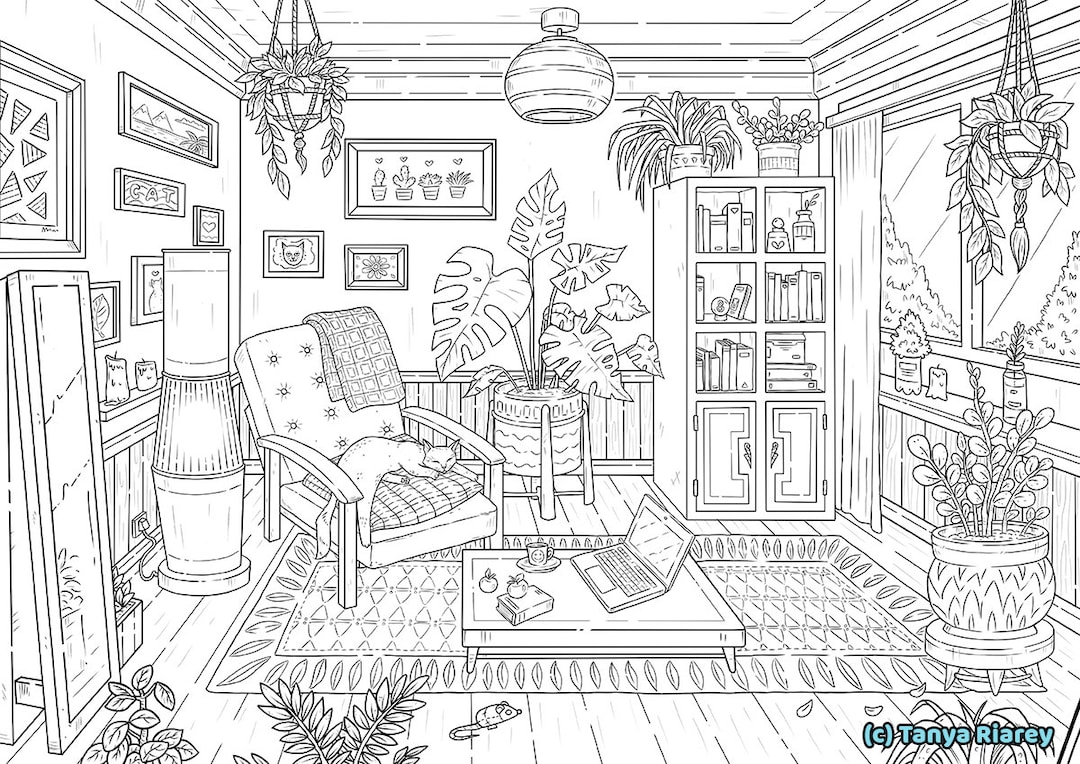 Interior coloring page adult colouring book cats plants aesthetic room dream home bohemian interior boho nordic hygge