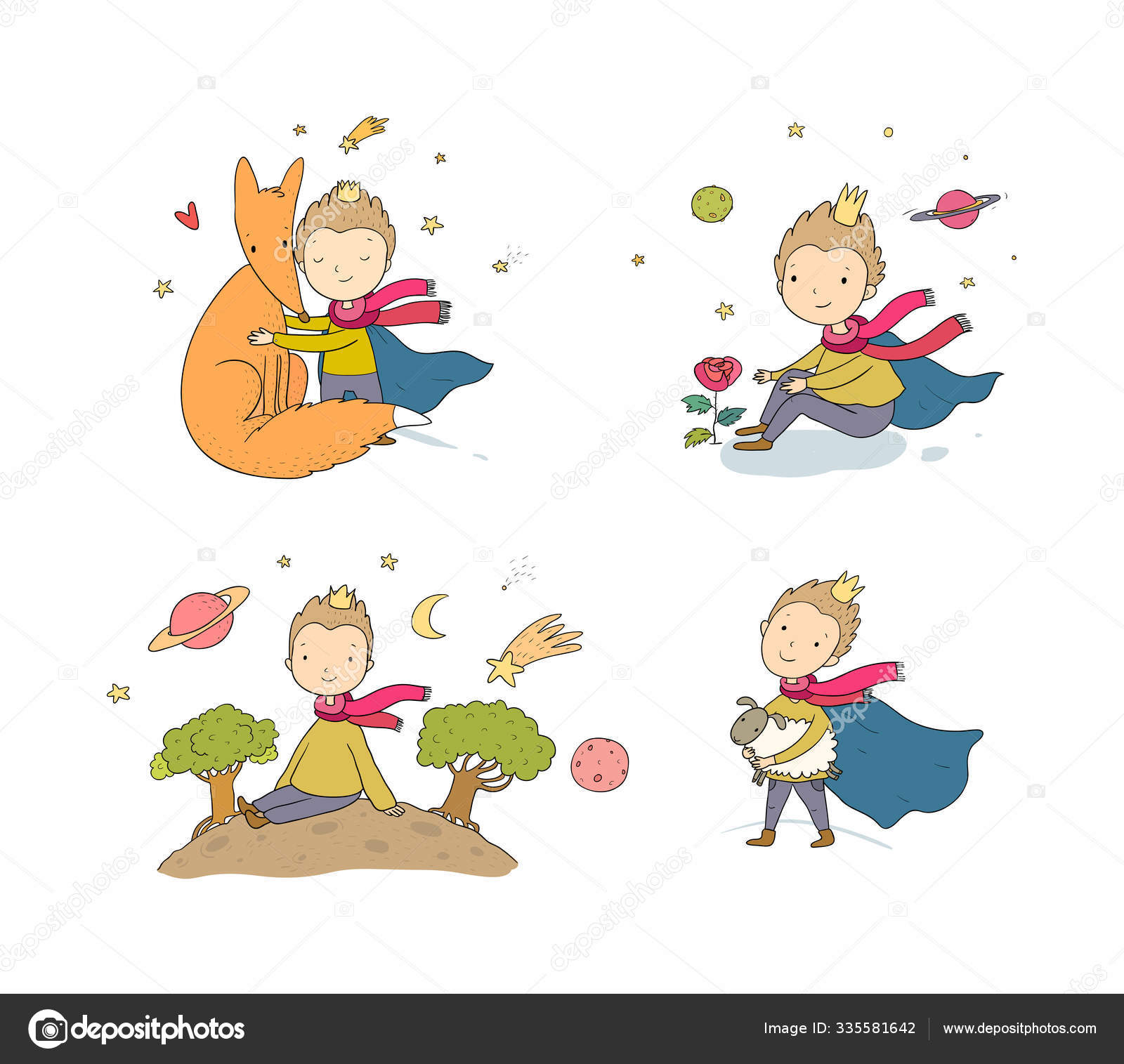Un cuento de hadas sobre un nião una rosa un planeta y un zorro prãncipe con una oveja principito vector de stock por natashachetkova