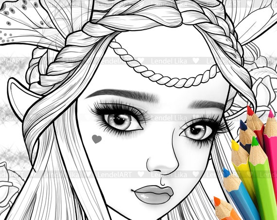 Pãgina para colorear imprimible retrato de niãa pãgina para colorear para adultos elfo hada conejito pãgina para colorear en escala de grises descarga instantãnea jpg