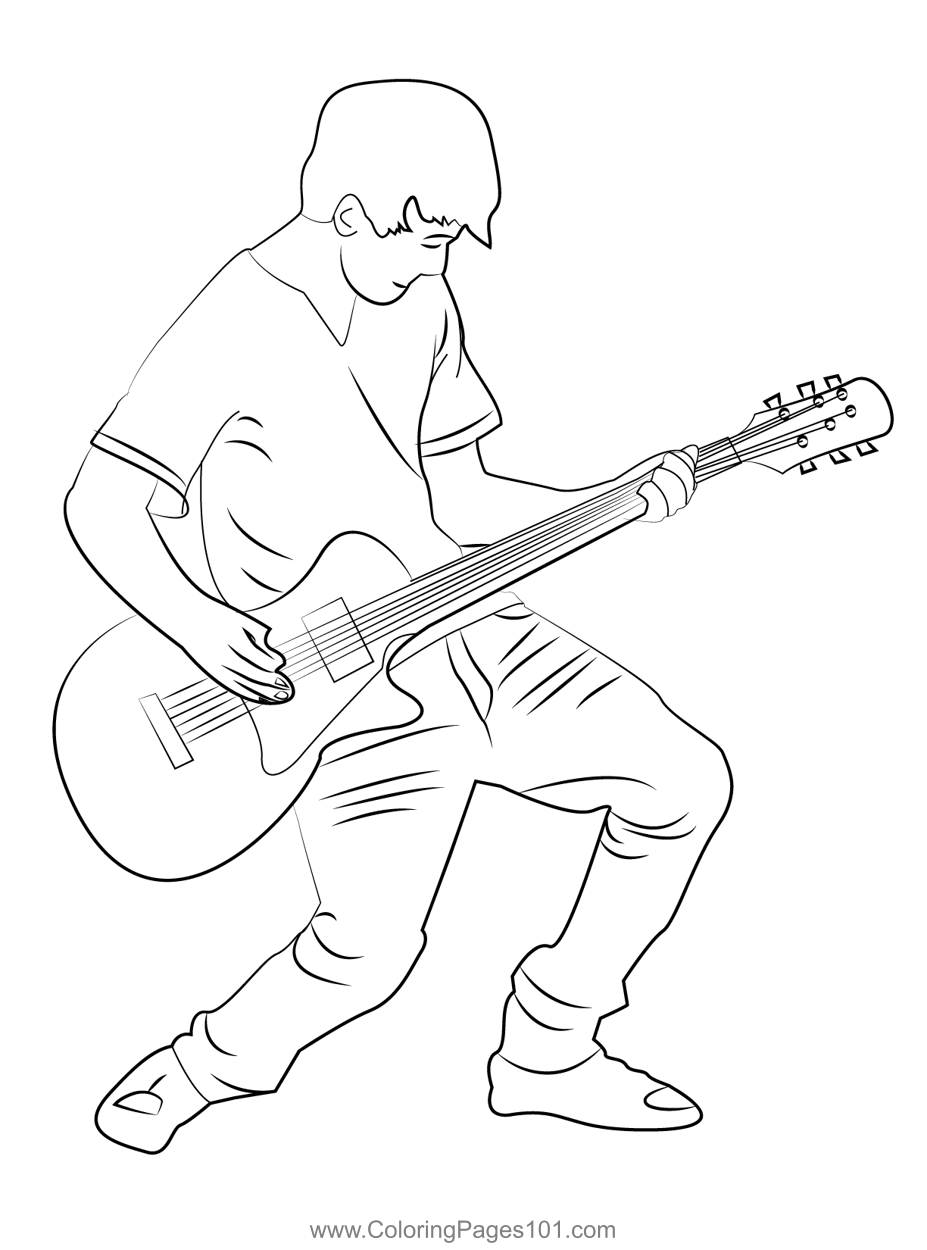 Guitar plyaing boy coloring page for kids