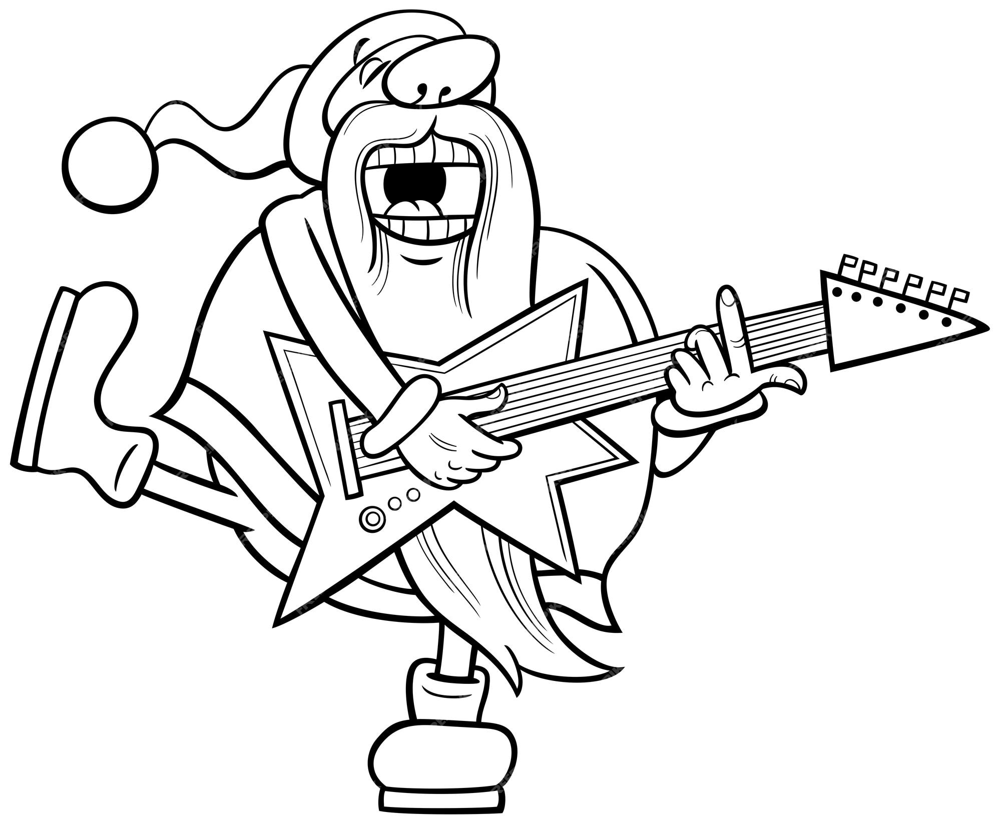 Premium vector cartoon santa claus playing electric guitar coloring page