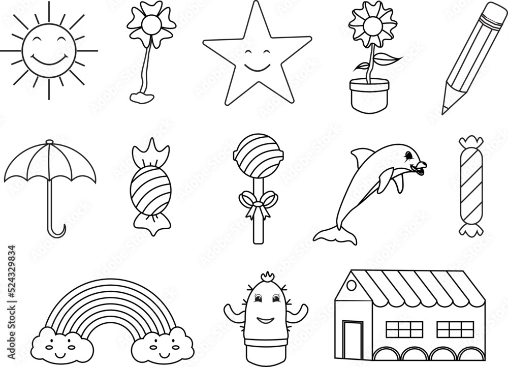 Cute things coloring page different isolated element on the white background cute outline illustration for kids with sun flower stars pencil umbrella candy lollipop fish rainbow cactus vector