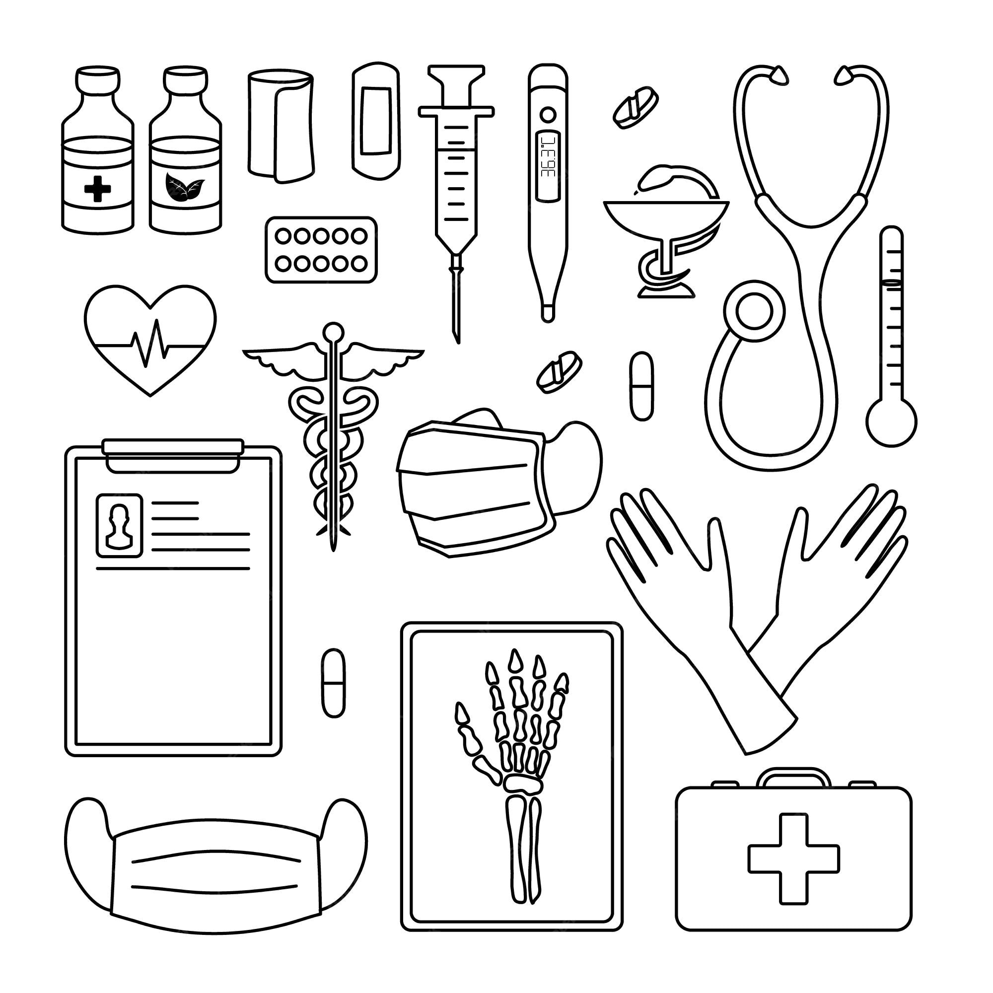 Premium vector set coloring pages element medicine black and white abstract flat isolated on a white background