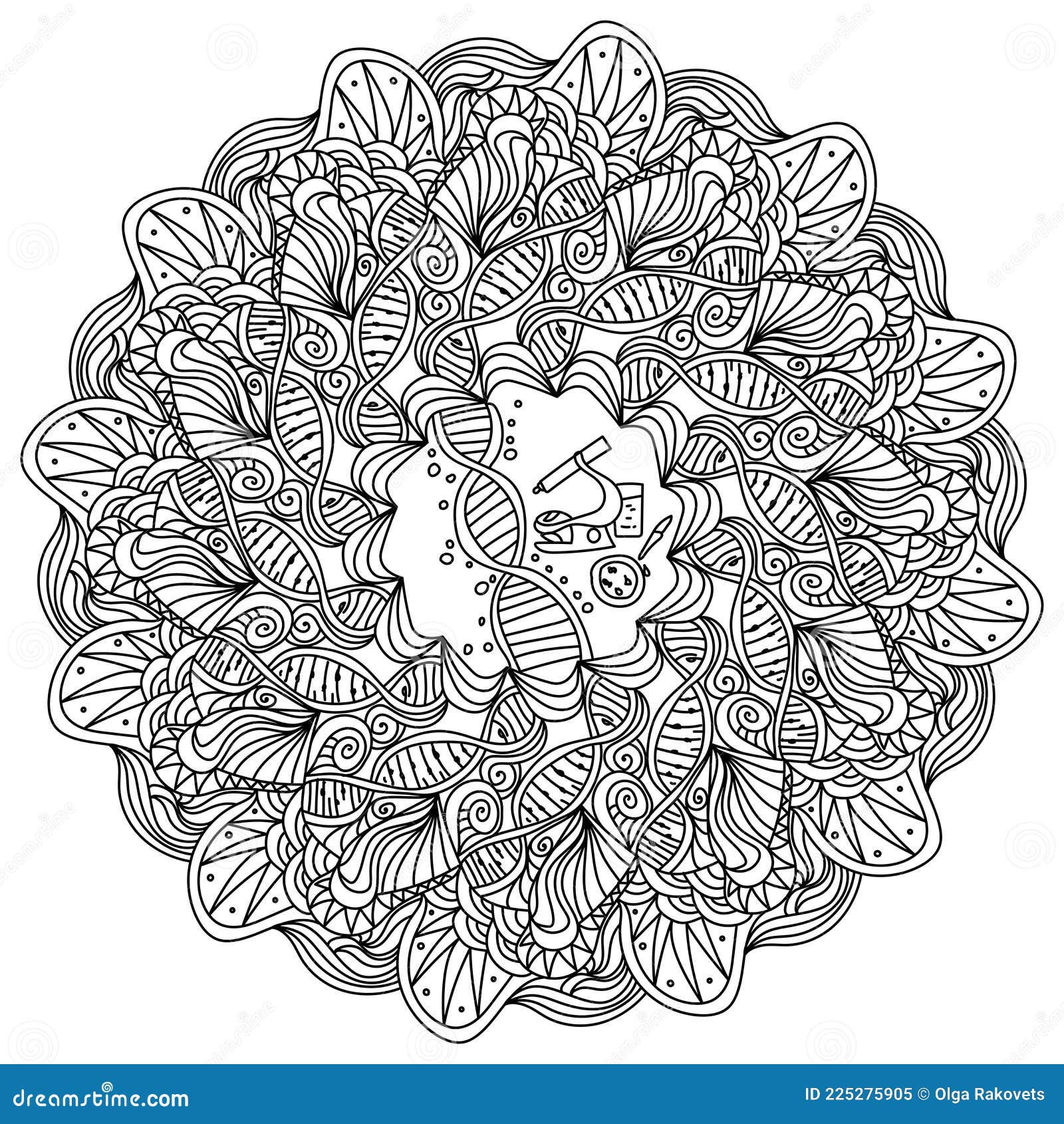 Mandala with scientific elements coloring page with zen motives and dna strands stock vector