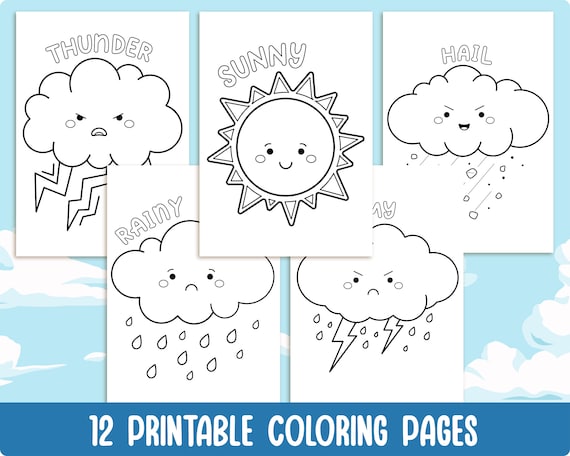 Printable weather elements coloring pages for kids with names weather symbols colouring book party activity