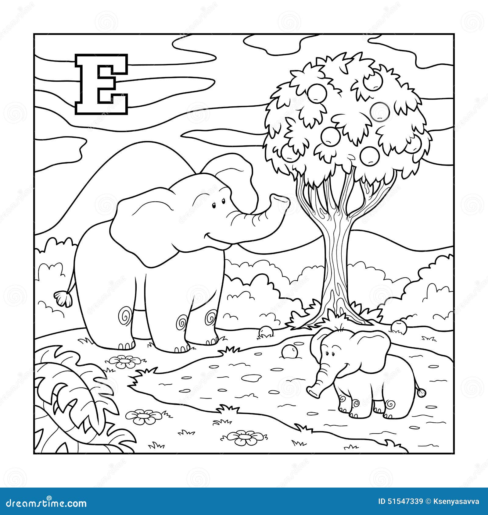 Coloring book elephant colorless alphabet for children letter e stock vector