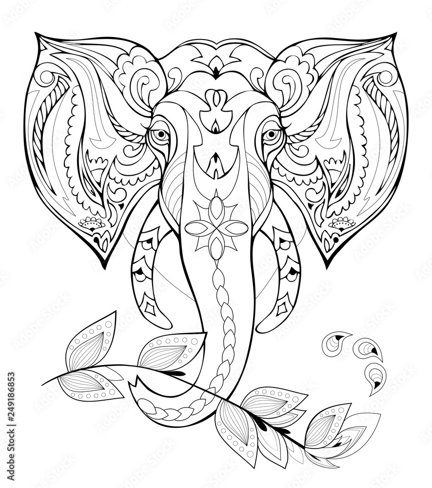 Stylized elephant head black and white page for coloring book pattern for modern print logo embroidery henna mehndi tattoo and decoration hand