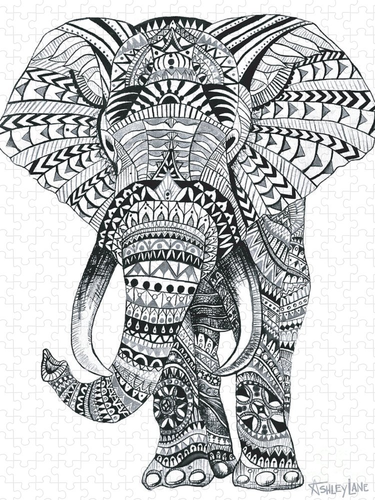Tribal elephant mandala jigsaw puzzle by ashley lane