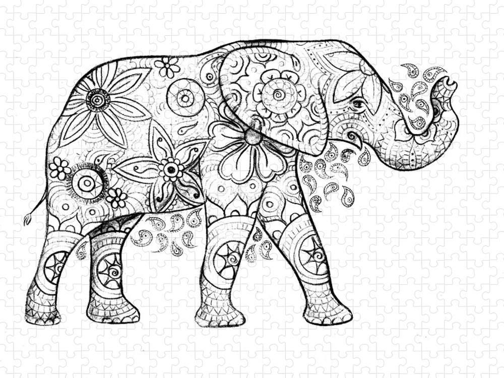 Decorated elephant in black and white jigsaw puzzle by emily page