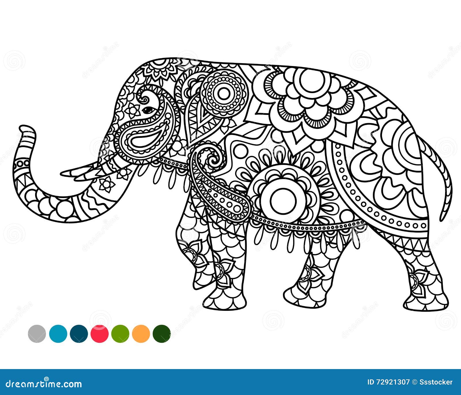 Elephant mandala ornament with colors samples stock vector