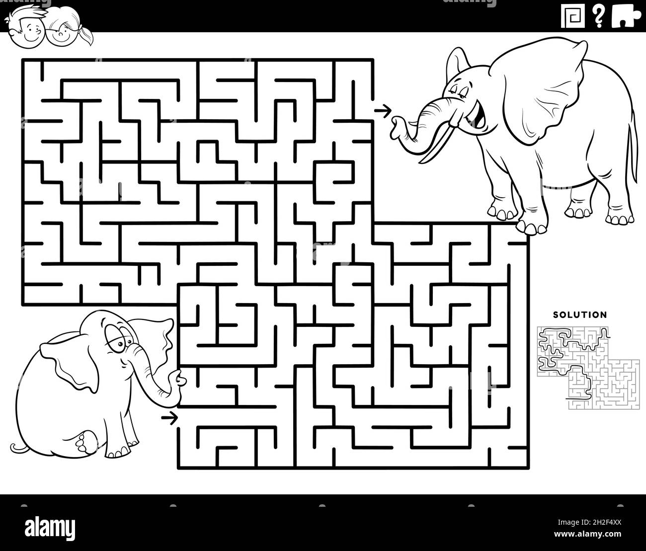 Black and white cartoon illustration of educational maze puzzle game for children with baby elephant and mom coloring book page stock vector image art