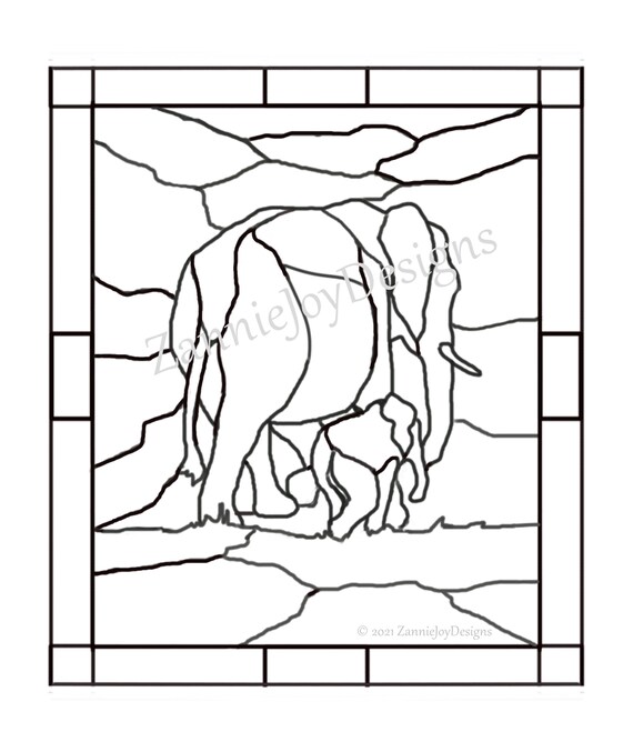 Stained glass elephant pattern baby elephant mothers day coloring page instant download original line drawing
