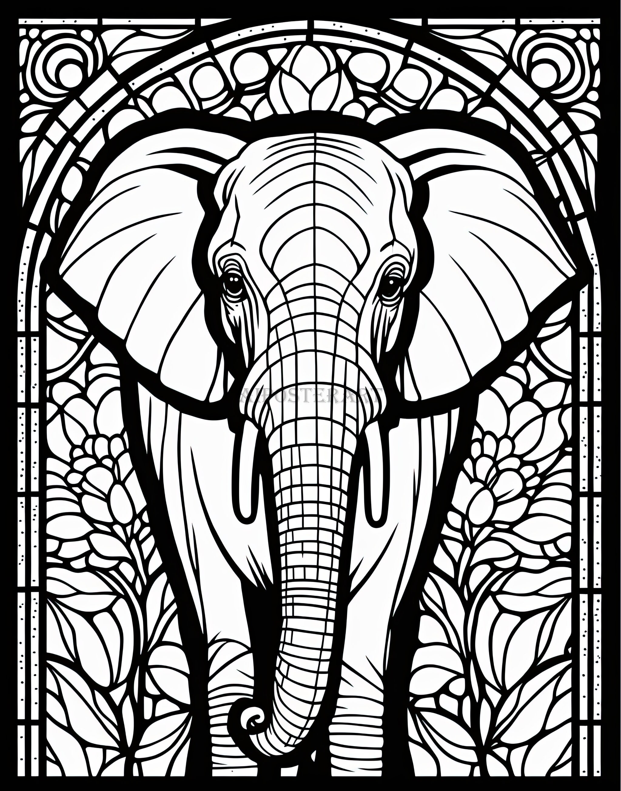 Elephant stained glass window printable coloring page jpeg file