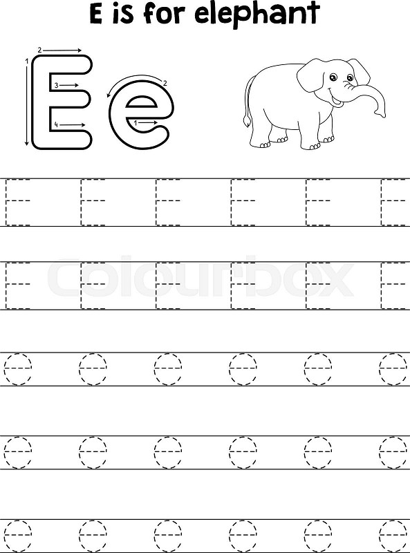 Elephant animal tracing letter abc coloring page e stock vector