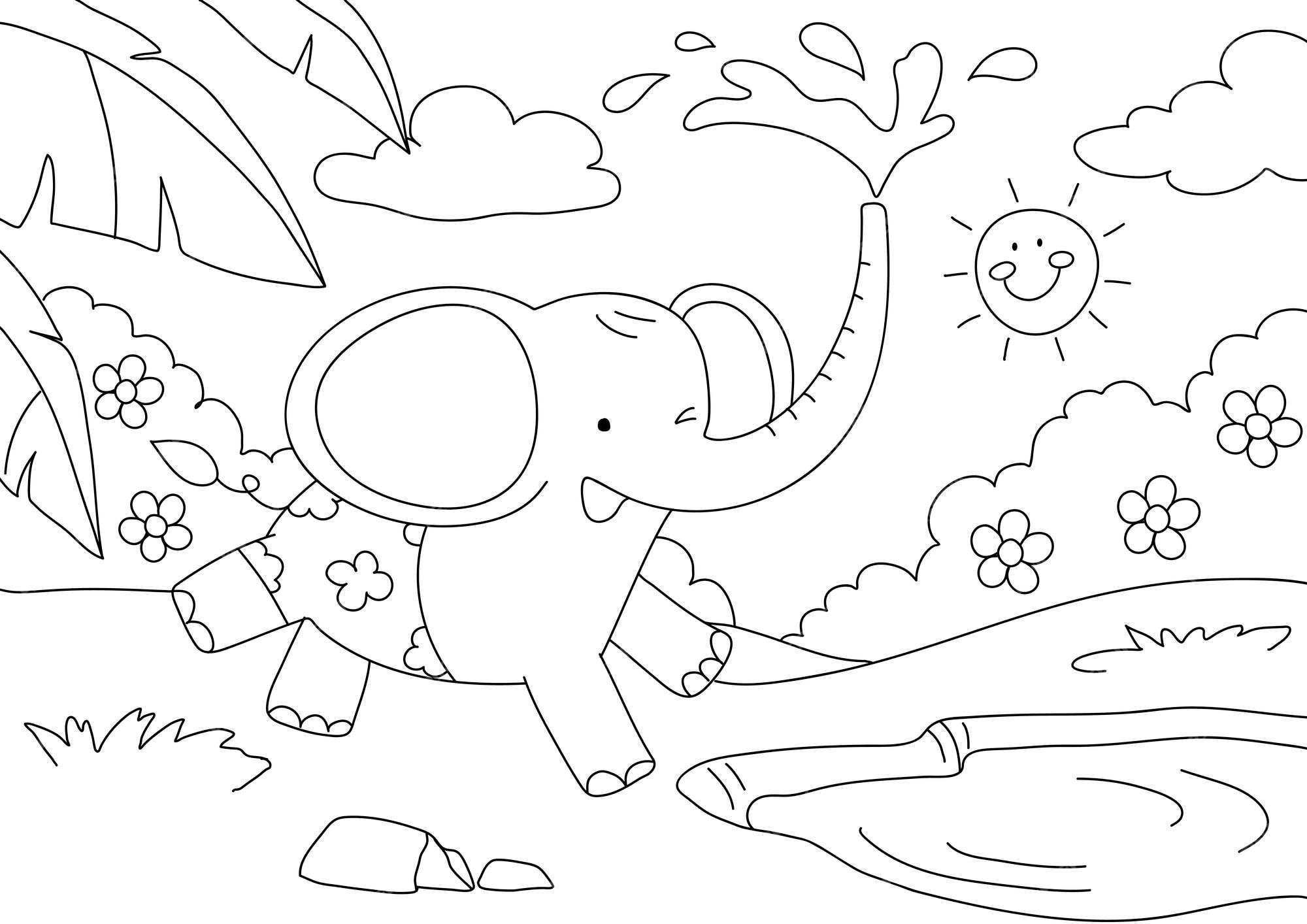 Free vector elephant kids coloring page vector blank printable design for children to fill in
