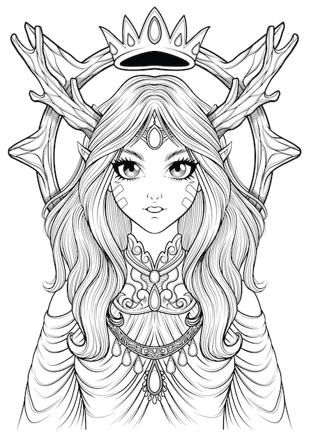 Premium vector coloring page of beautiful elf girl fantasy coloring book