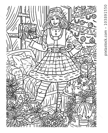 Christmas woman in elf outfit adults coloring page