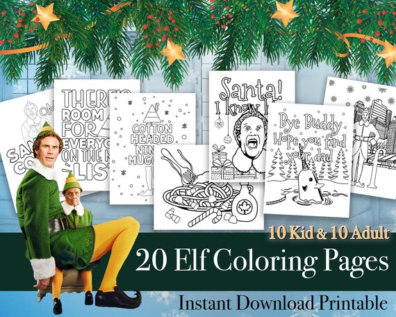 Elf christmas coloring pages printable elf coloring page bundle buddy the elf quotes printable christmas coloring pages for kids adults