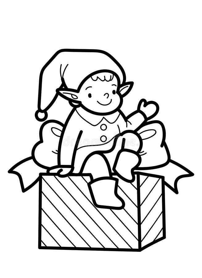 Vector outline illustration of santas elf sitting on a gift box isolated on a white background coloring page with a christmas stock vector