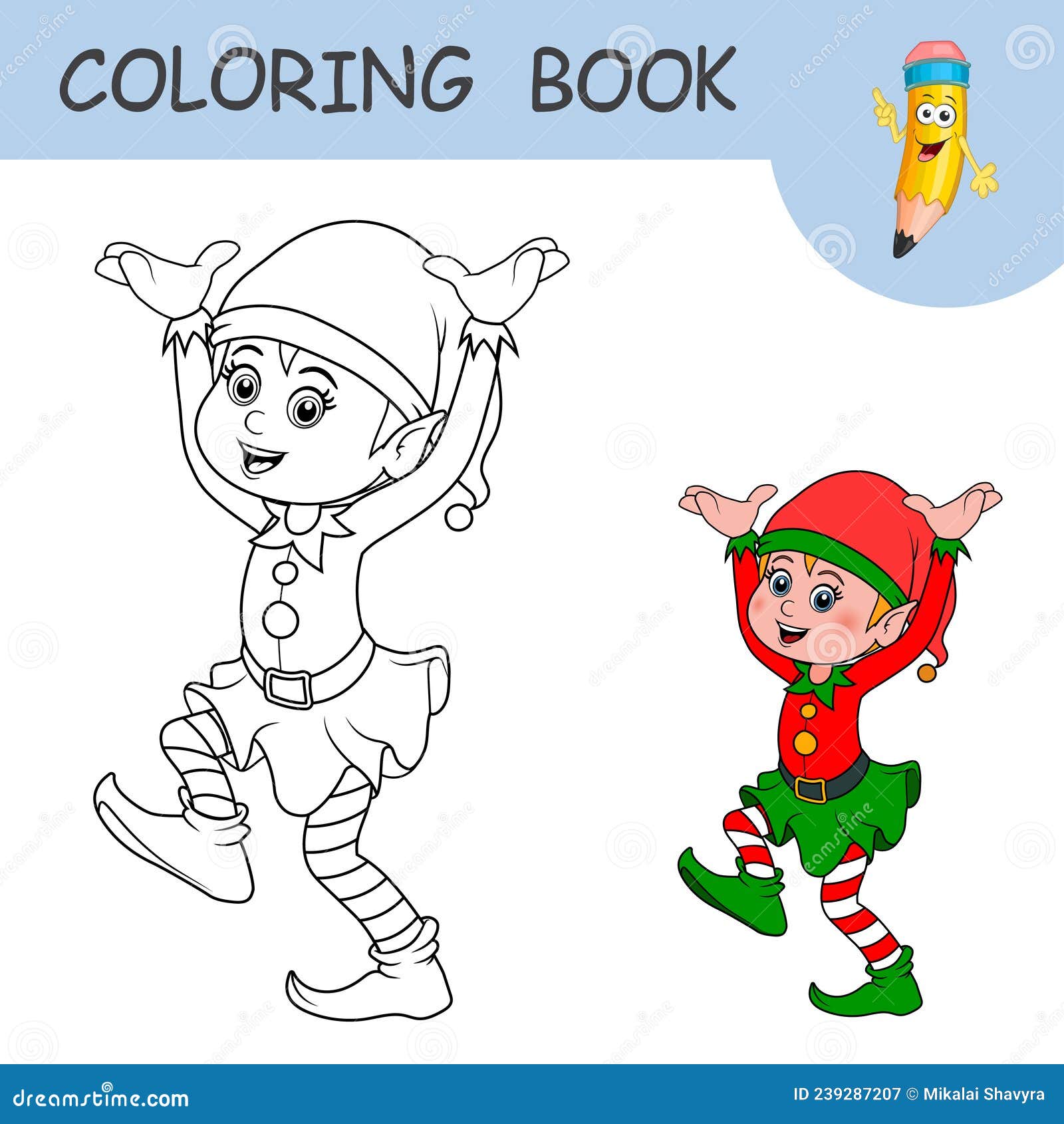 Coloring book with cartoon santa claus helper elf colorless and color samples elf on coloring page for kids stock vector